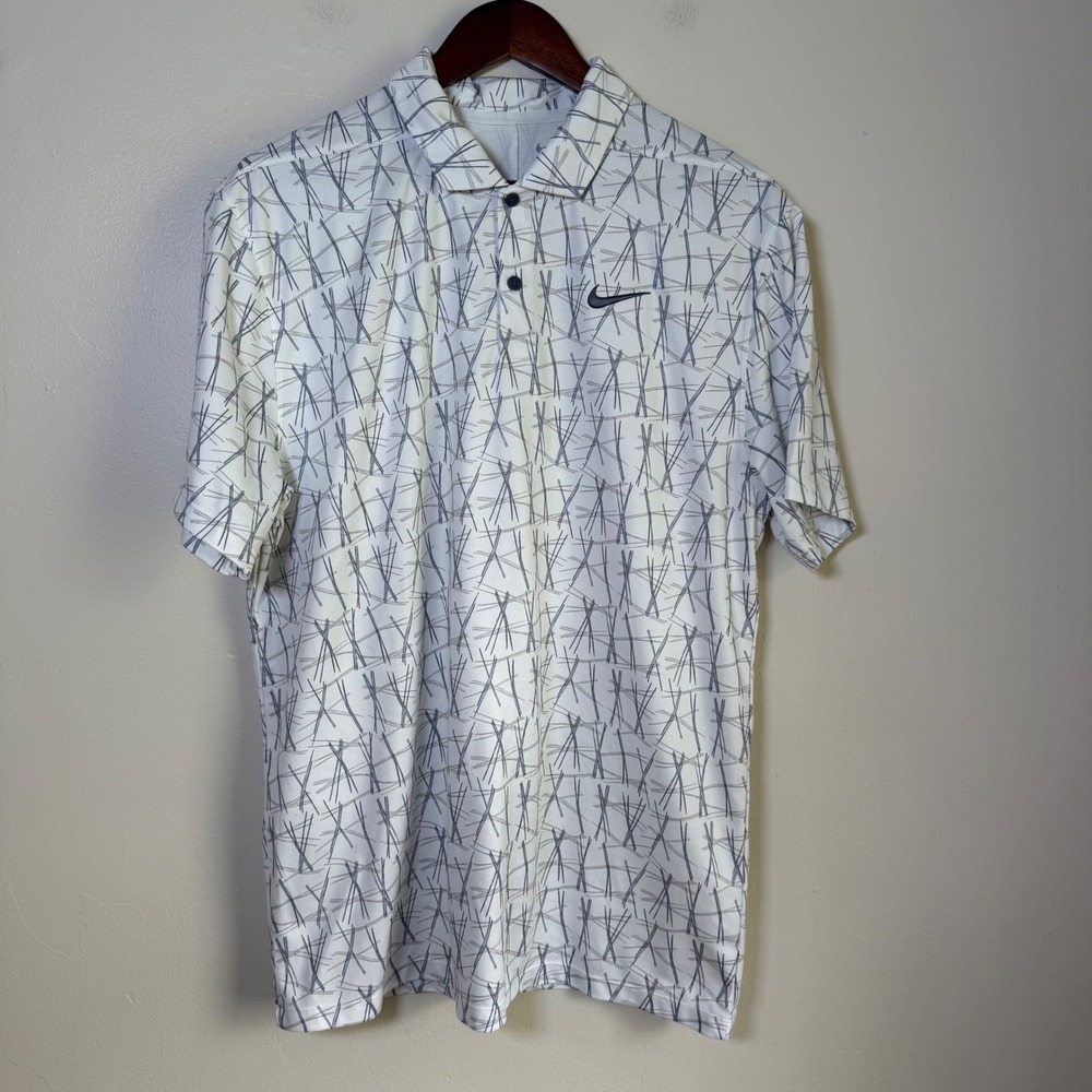 Nike Dri-FIT Geometric Crosshatch Print Golf‎ Polo Shirt Size Large White Gray
